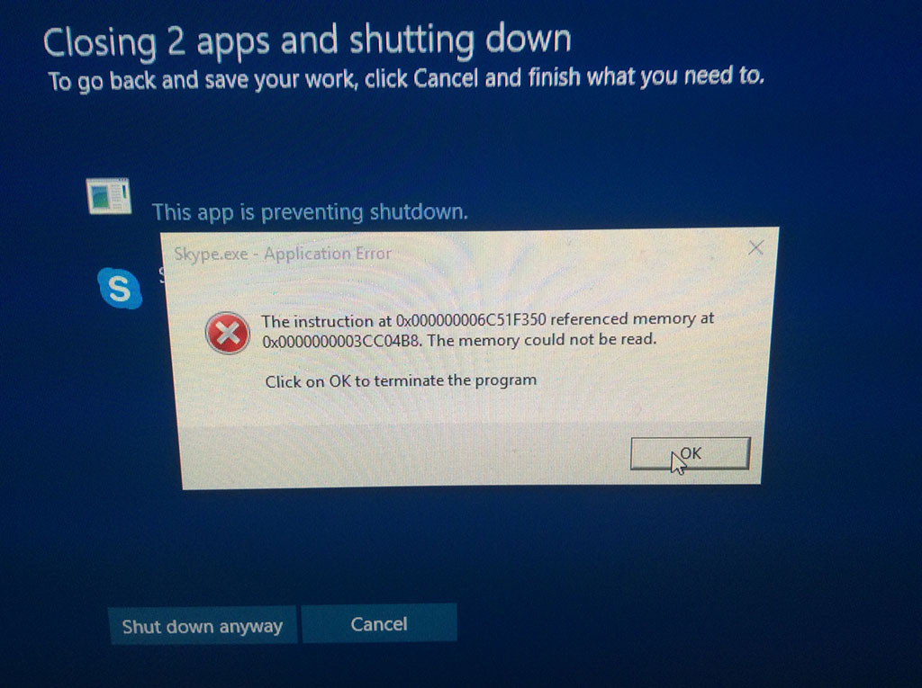 Skype error on Windows 10 shutdown